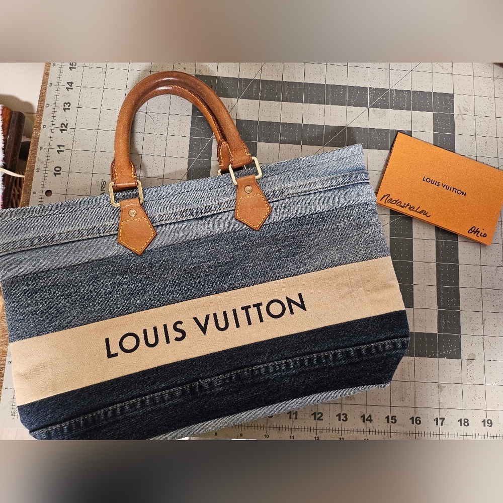 ❌️SOLD❌️Repurposed Upcycled Denim Tote  made w authentic Louis Vuitton  handles